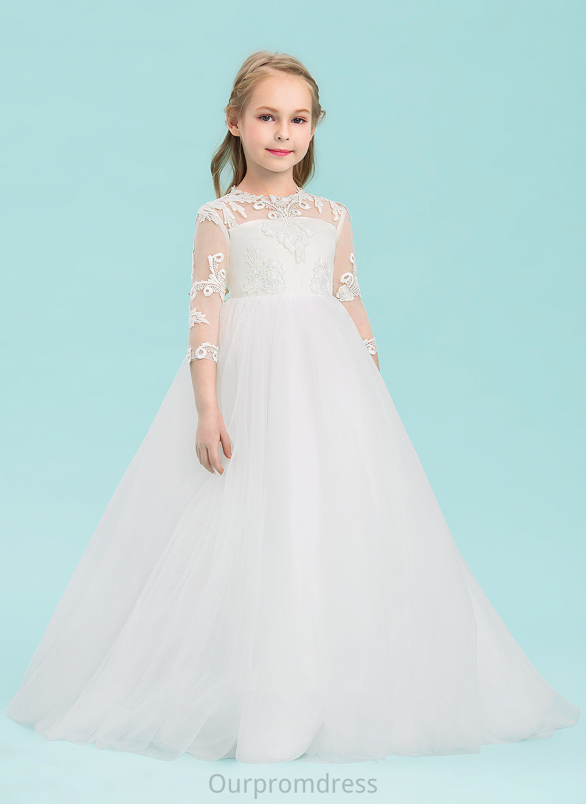 Ball-Gown/Princess Dress Floor-length Tulle Girl Violet Scoop Neck - Flower Girl Dresses Flower Sleeves 3/4