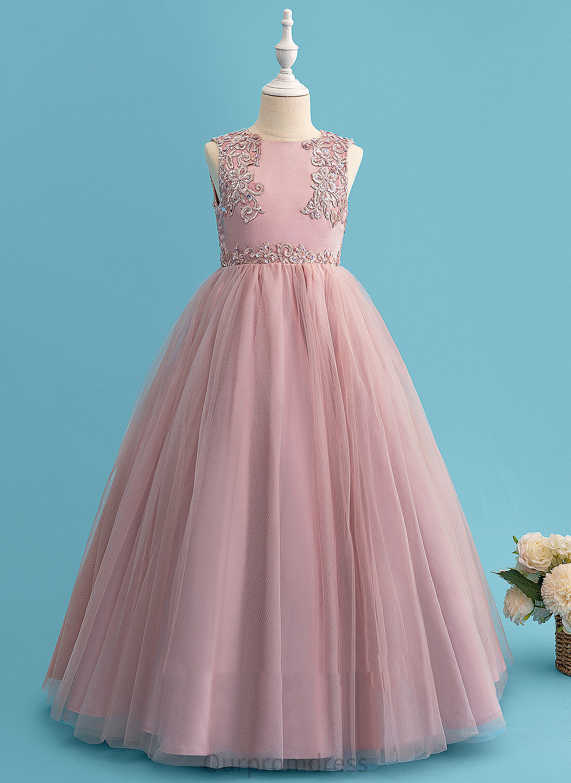 - With Beading/Sequins Flower Girl Dresses Flower Sleeveless Neck Georgia Floor-length Girl Satin/Tulle/Lace Dress Scoop Ball-Gown/Princess