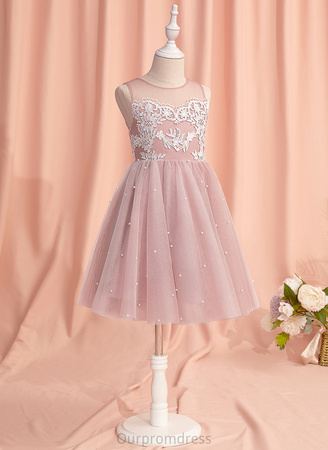 Sleeveless Dress A-Line Tulle Lilian With Flower Flower Girl Dresses Lace/Beading Neck Girl Scoop - Knee-length