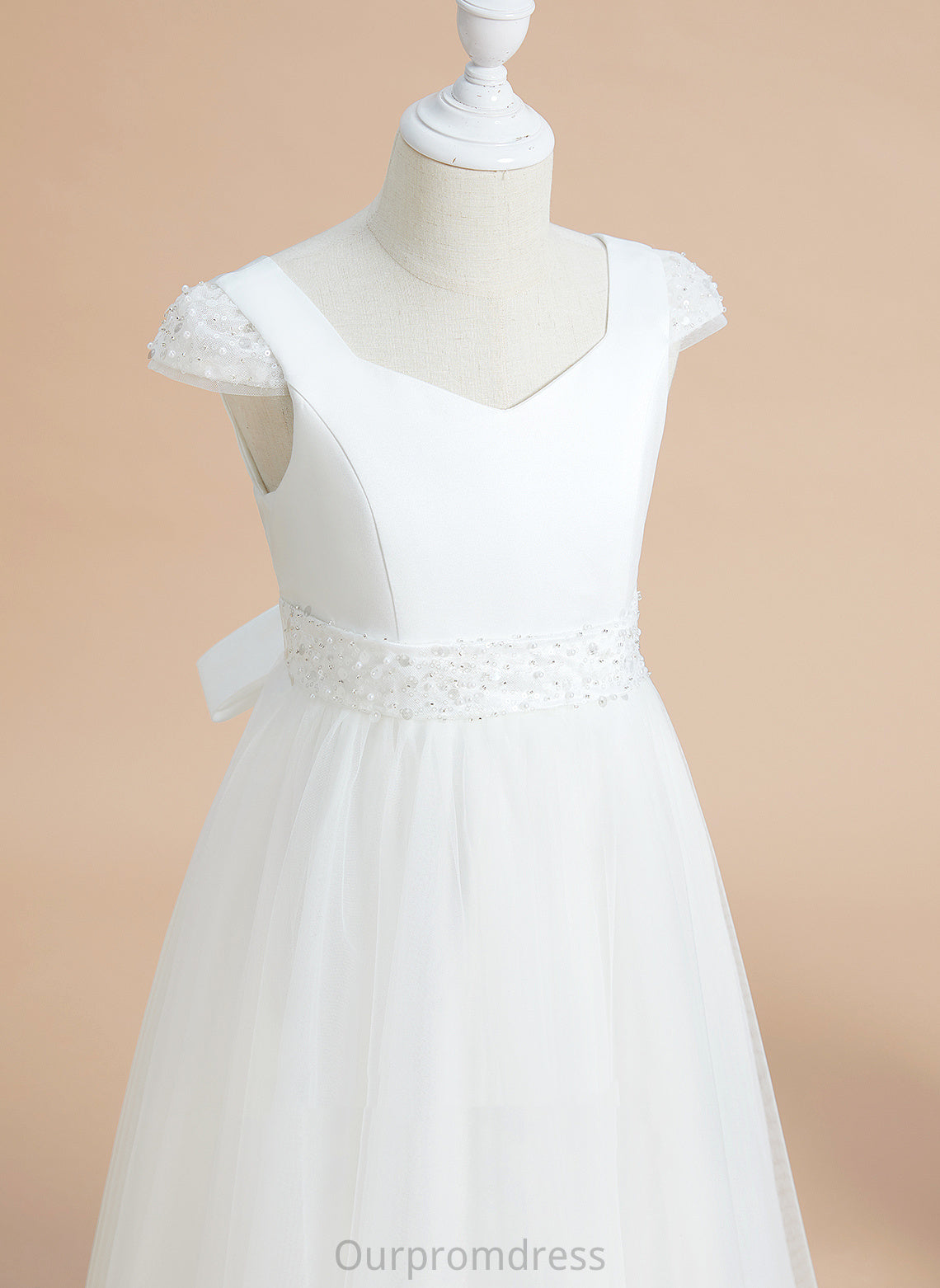 With V-neck Floor-length Ball-Gown/Princess Flower Girl Dresses Short Sleeves Alana Girl Flower Beading/Bow(s) Dress - Satin/Tulle