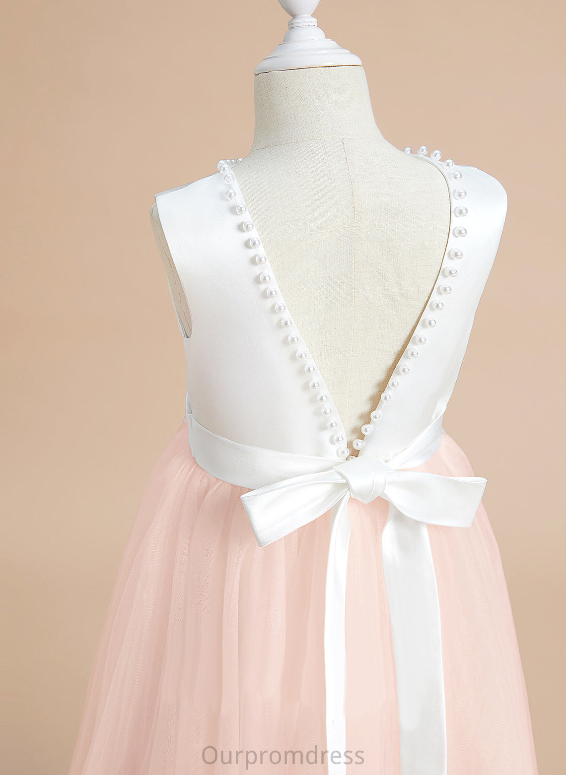 Beading/Bow(s) Neck Scoop Dress Satin/Tulle Abby Girl Flower Girl Dresses Sleeveless Tea-length A-Line - With Flower