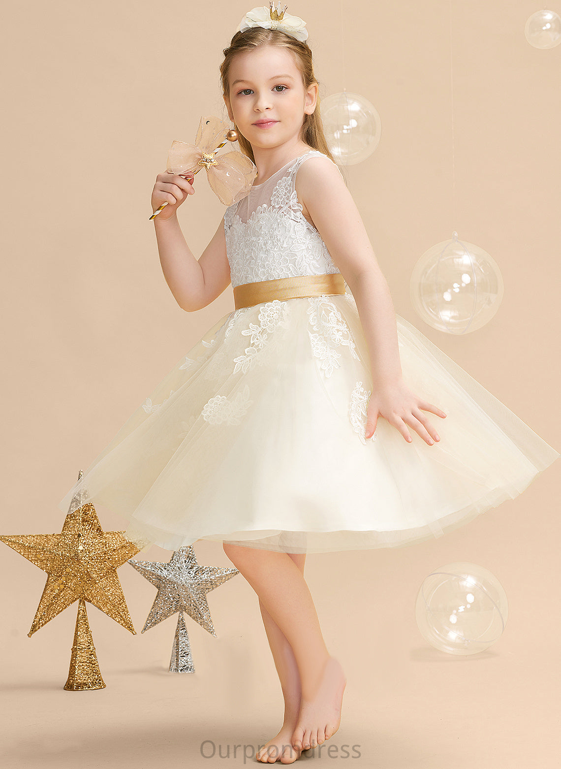 Flower Girl Dresses Charlee Knee-length Scoop Girl Satin/Tulle/Lace Sleeveless A-Line Appliques/V - Neck With Dress Back Flower