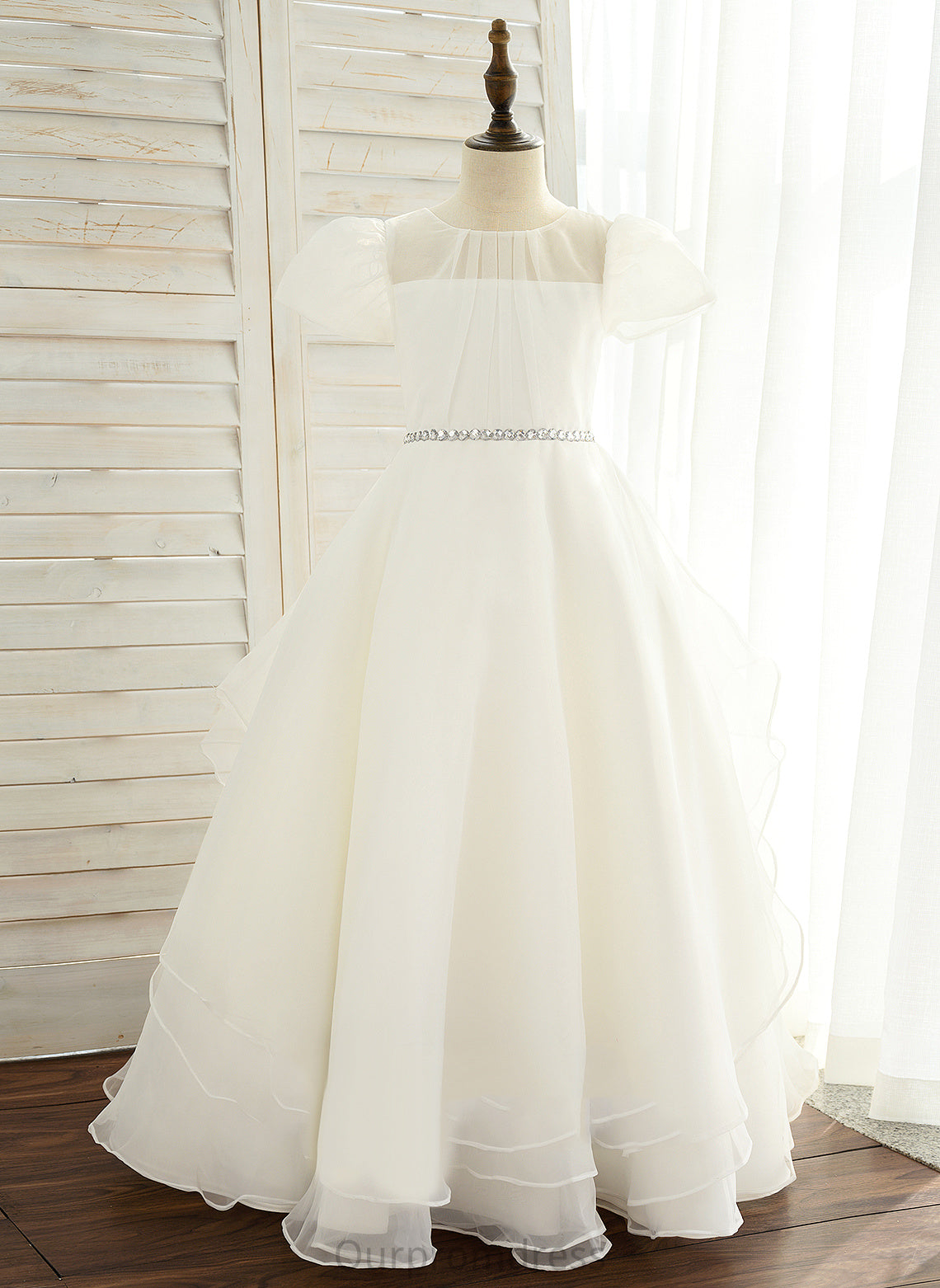 Jacey - Dress Ball-Gown/Princess Flower Girl Dresses Neck Organza/Satin Short Flower Rhinestone Scoop Sleeves With Floor-length Girl