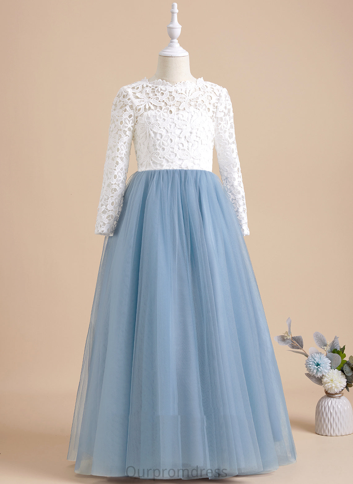 Bow(s)/V With - Lizbeth Sleeves Back Flower Girl Dresses Neck Dress Ball-Gown/Princess Flower Long Scoop Tulle/Lace Girl Floor-length