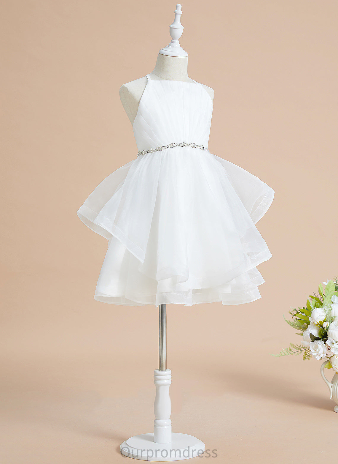 Beading Neckline A-Line Tulle Dress Square Flower Girl Dresses Flower With Knee-length Sleeveless Alayna - Girl