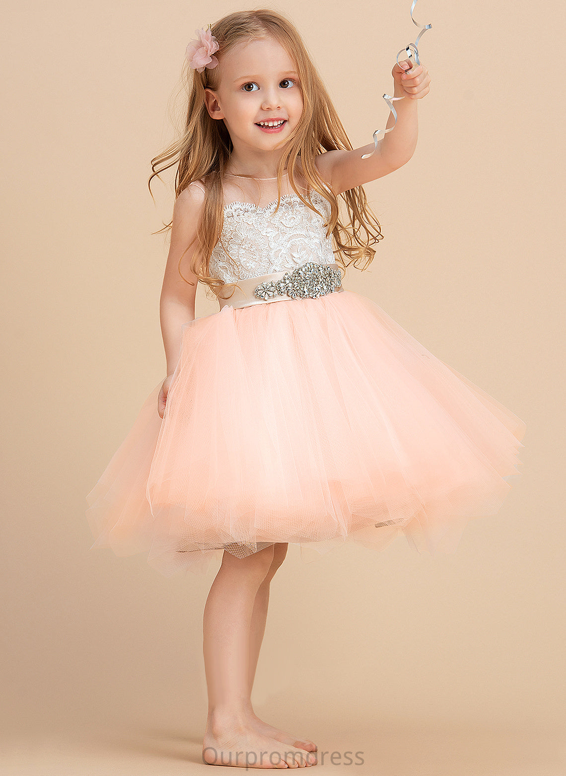 Scoop With Flower Flower Girl Dresses A-Line Beading Girl Satin/Tulle/Lace Dress Knee-length Neck (Undetachable Molly sash) - Sleeveless