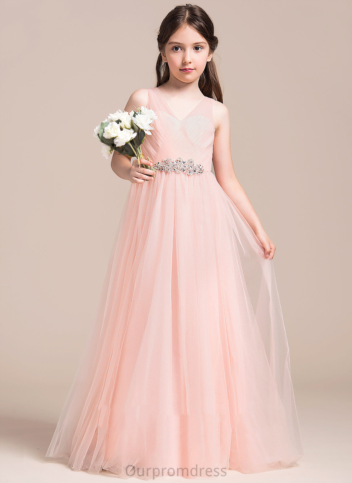 Sleeveless Flower Girl Dresses Tulle - V-neck Floor-length Ruffles/Beading/Sequins With Kendal Girl A-Line Flower Dress