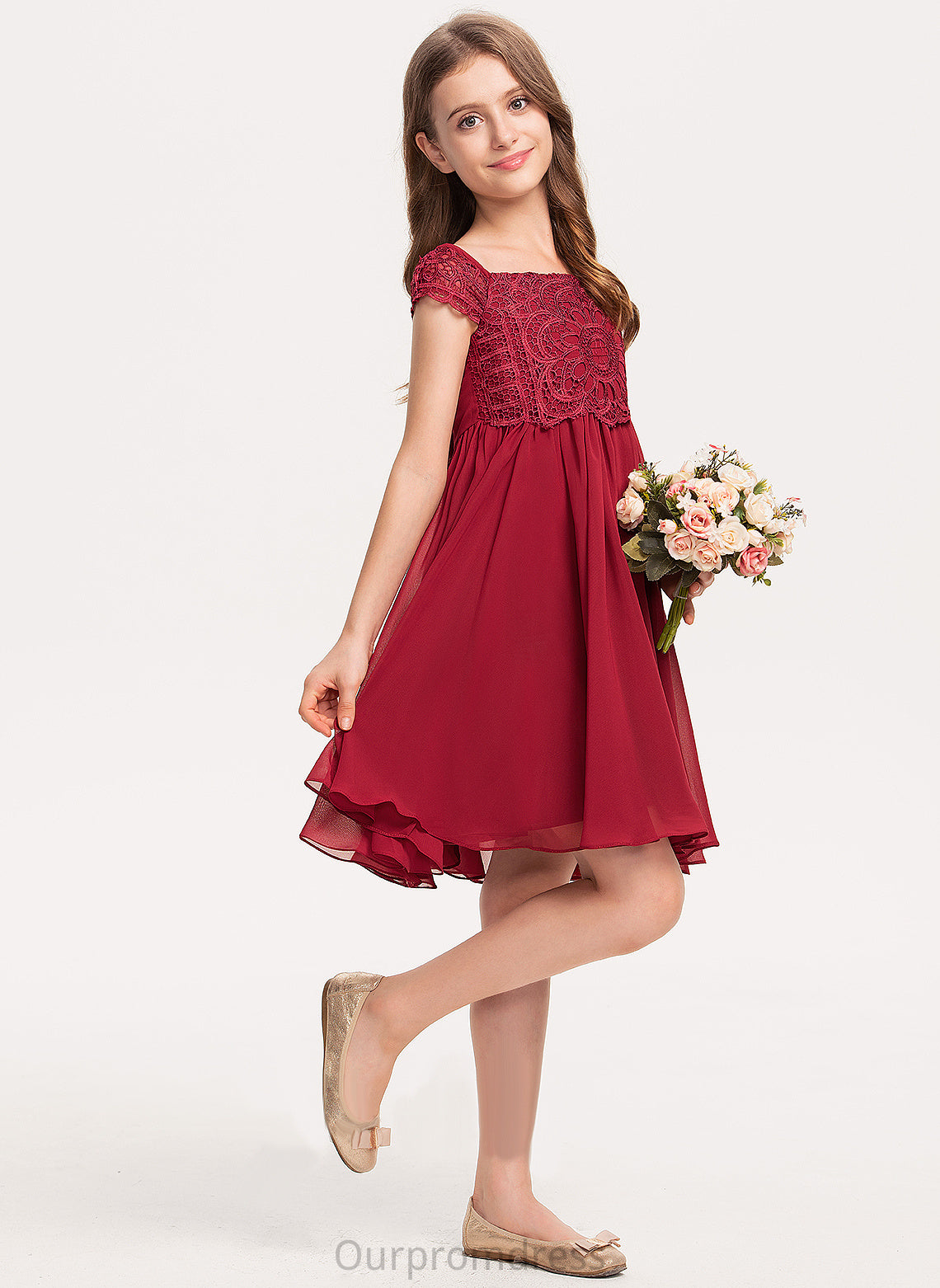 Chiffon Flower Dress Square Sleeves Elaina Girl - Knee-length Neckline Short Flower Girl Dresses A-Line