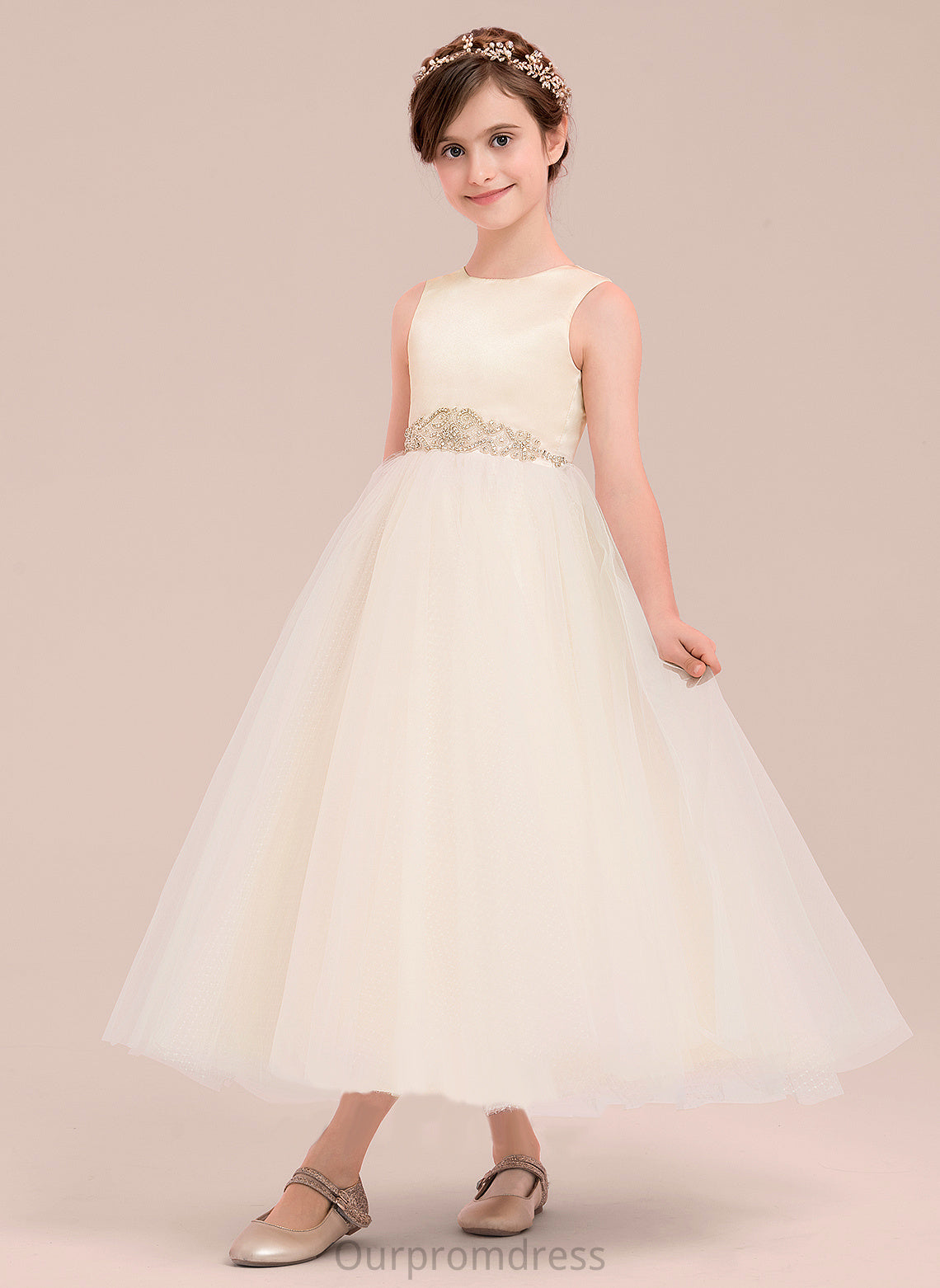 Flower Girl A-Line Flower Girl Dresses Satin/Tulle Cristal - Beading Neck With Dress Sleeveless Scoop Ankle-length