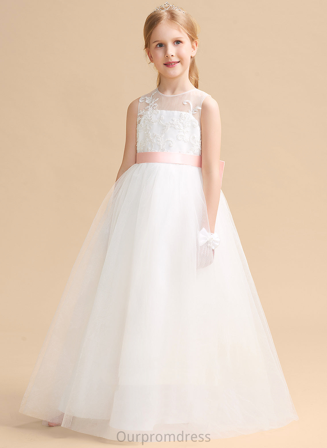 Cierra - With Flower Girl Dresses Dress Neck Girl Bow(s) Scoop Floor-length Flower sash) Sleeveless Satin/Tulle/Lace (Undetachable A-Line