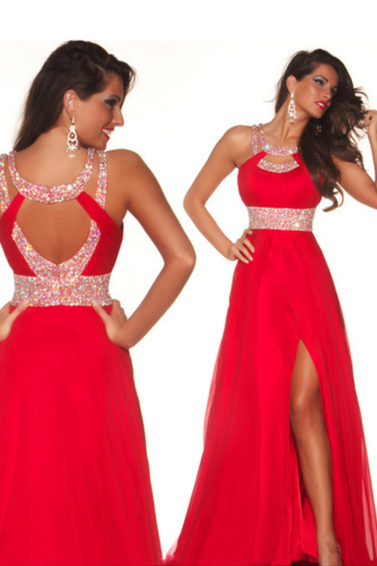 2024 Sexy Prom Dresses A Line Scoop Sweep/Brush Red  Open Back