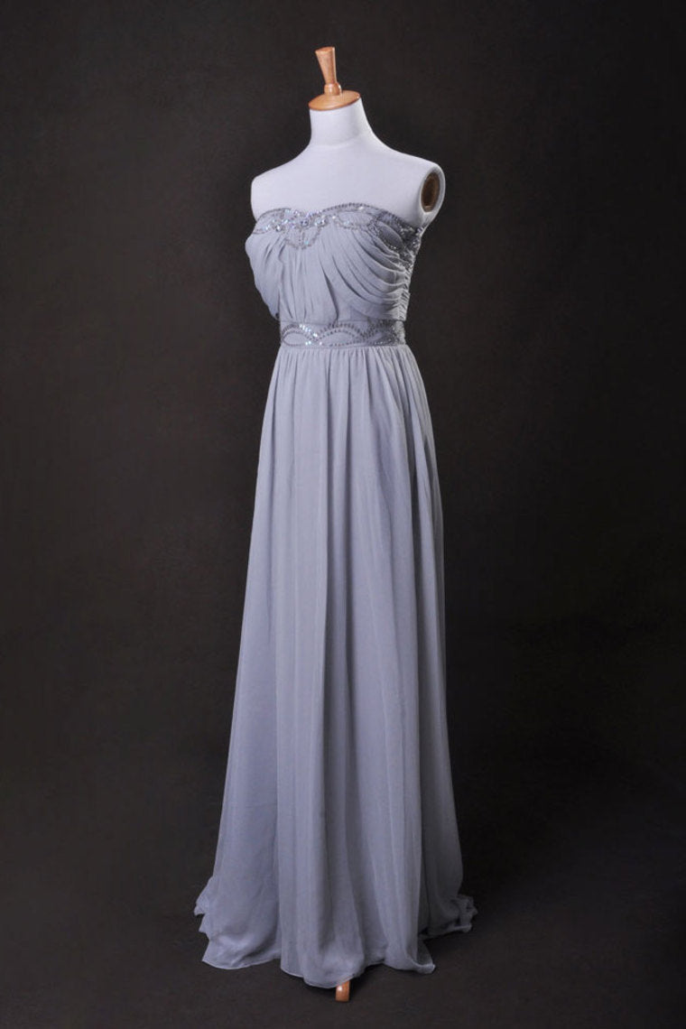 Silver Prom Dress A Line Strapless Floor Length Sweep/Brush Train Chiffon Cz