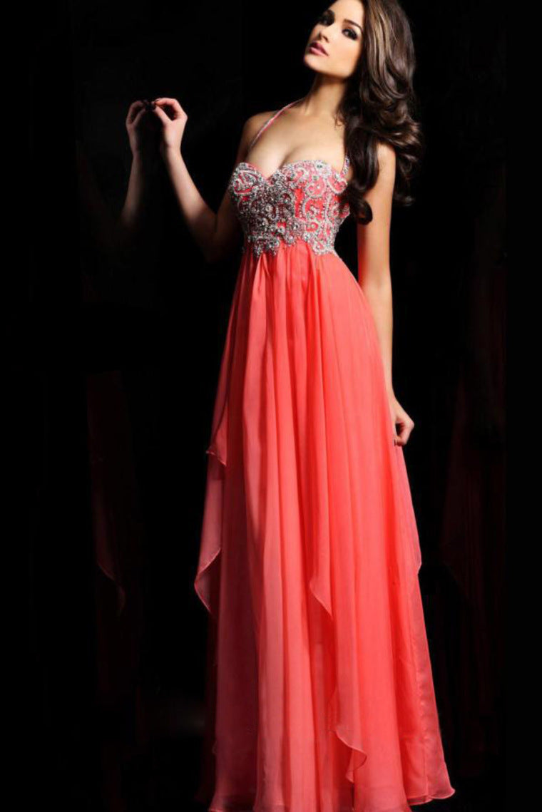 Hot Selling Prom Dresses Halter A-Line Floor Length Chiffon Color Watermelon Only Cheap