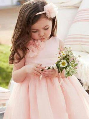 Cute Pink Tulle Flower Girl Dresses with Sash Floor Length, Round Neck Child Dresses STG15575