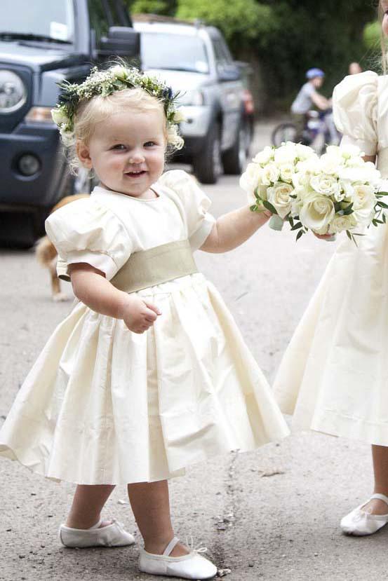 Vintage Juliet Sleeves Tea Length Round Neck Satin Flower Girl Dresses, Little Dresses STG15606