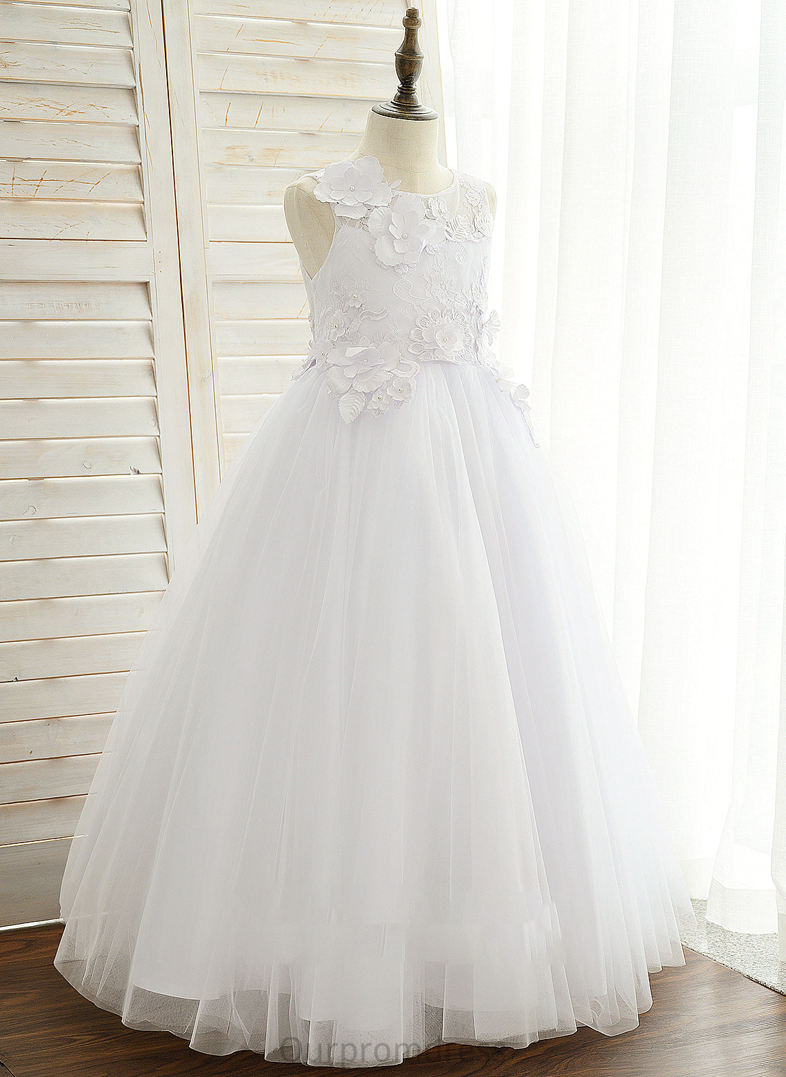 Ball-Gown/Princess Satin/Tulle/Lace Neck Scoop Flower Floor-length Sleeveless Girl Dress With Flower Girl Dresses Appliques - Rosie