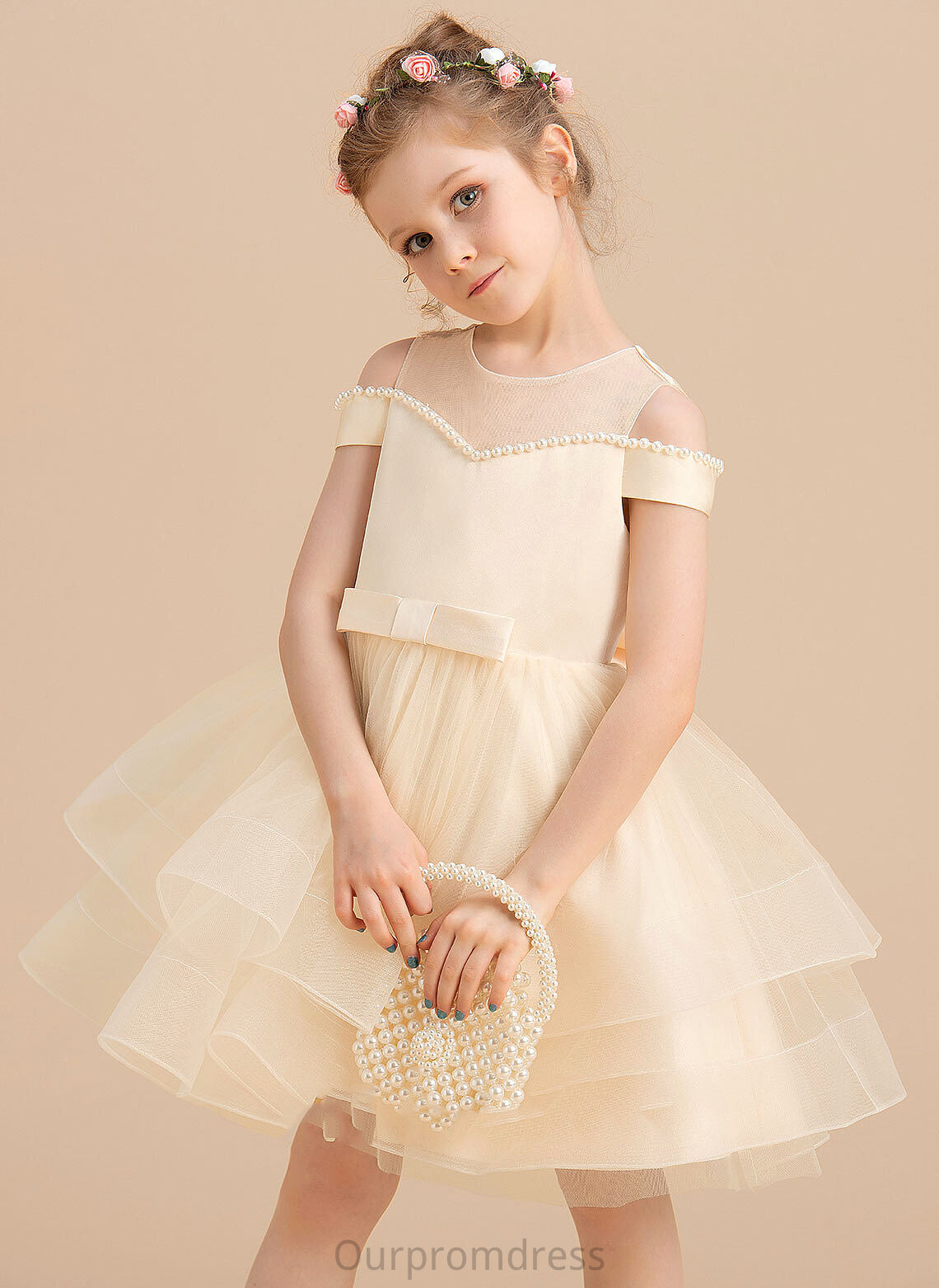 Liliana Flower Knee-length Dress Flower Girl Dresses Scoop Beading/Bow(s) Girl Sleeveless - With Neck Ball-Gown/Princess Satin/Tulle