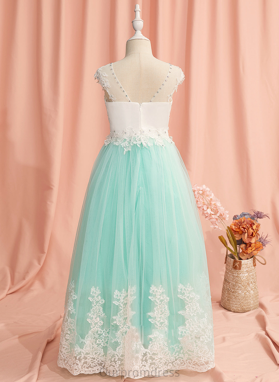 Tulle Girl Flower Girl Dresses - Lace/Beading/Bow(s)/V Back Neck Ball-Gown/Princess Sleeveless Flower Scoop Taniyah Floor-length With Dress