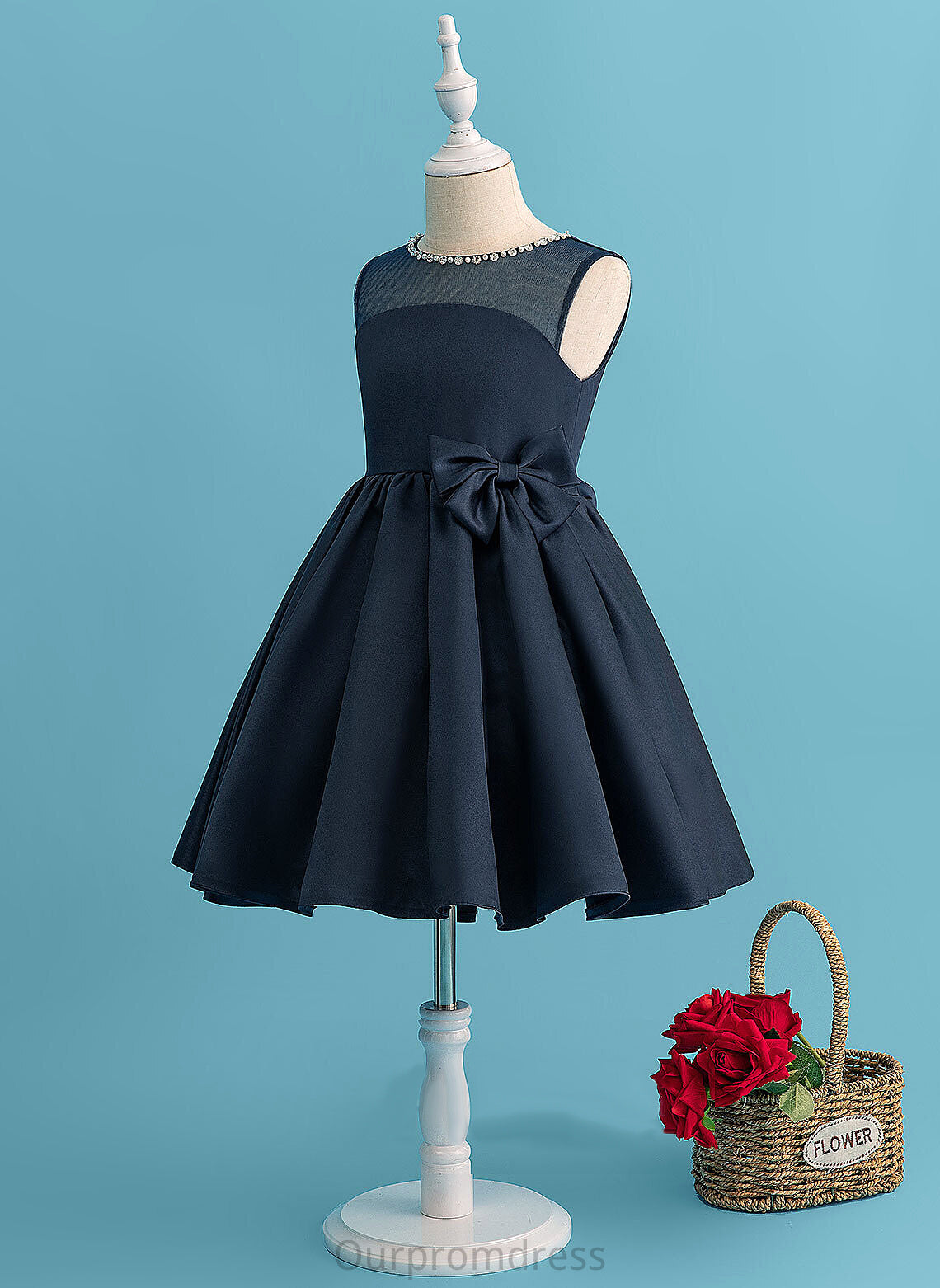 Beading/Bow(s) Viviana Knee-length With Sleeveless A-Line Scoop - Girl Satin Flower Girl Dresses Neck Flower Dress