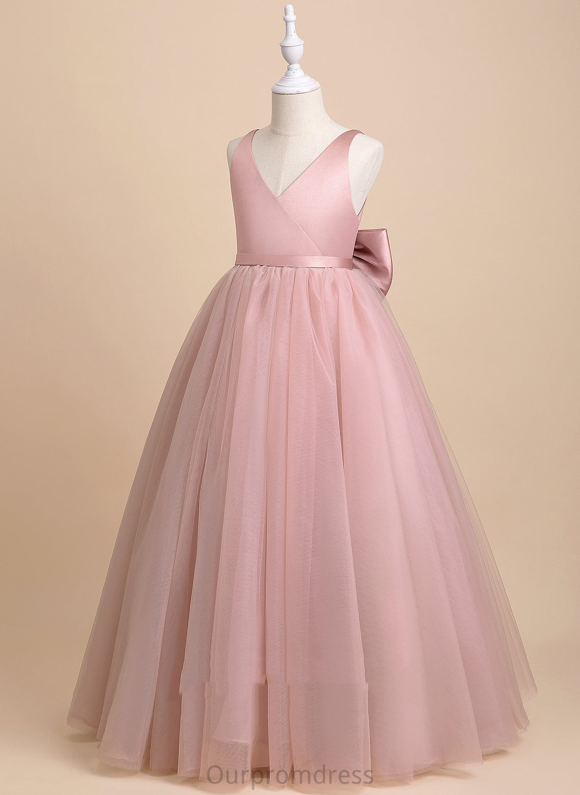 Tulle Flower Girl Dresses Sleeveless V-neck Ball-Gown/Princess Girl Flower Dress Floor-length - With Bow(s)/V Back Emilie