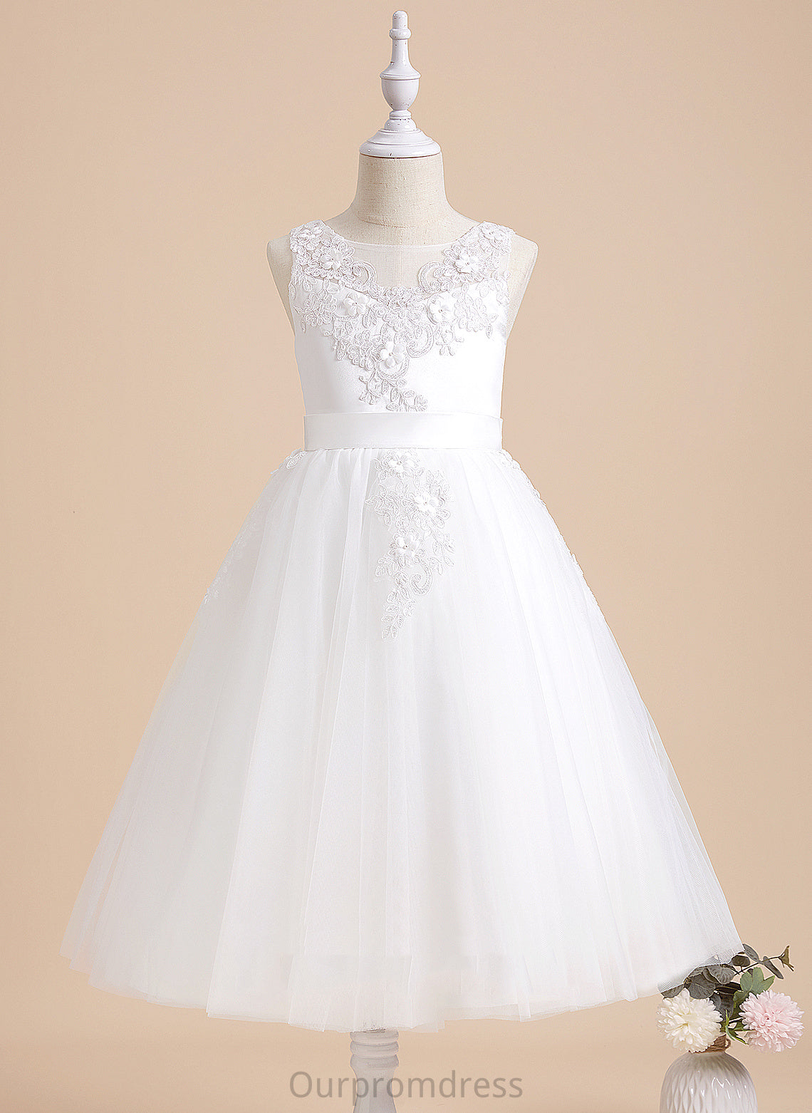 Sleeveless Tea-length Girl Beading/Flower(s) A-Line Juliette - Flower With Scoop Flower Girl Dresses Neck Tulle/Lace Dress