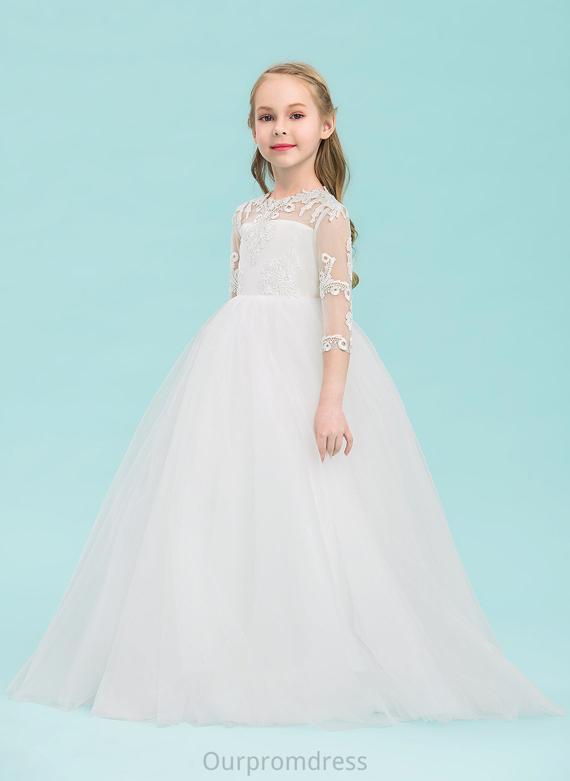 Ball-Gown/Princess Dress Floor-length Tulle Girl Violet Scoop Neck - Flower Girl Dresses Flower Sleeves 3/4