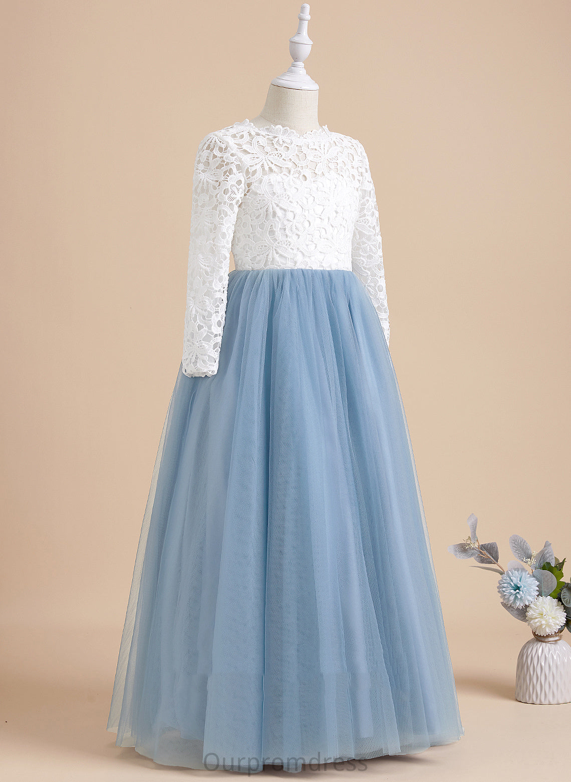 Bow(s)/V With - Lizbeth Sleeves Back Flower Girl Dresses Neck Dress Ball-Gown/Princess Flower Long Scoop Tulle/Lace Girl Floor-length