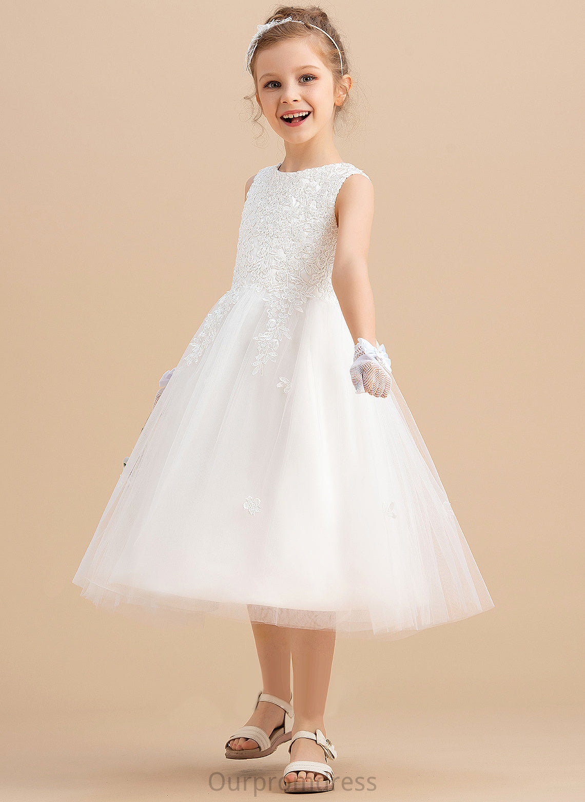 Flower Girl Dresses - Sleeveless Bow(s) Dress Satin/Tulle Flower Girl Scoop A-Line With Neck Maleah Tea-length