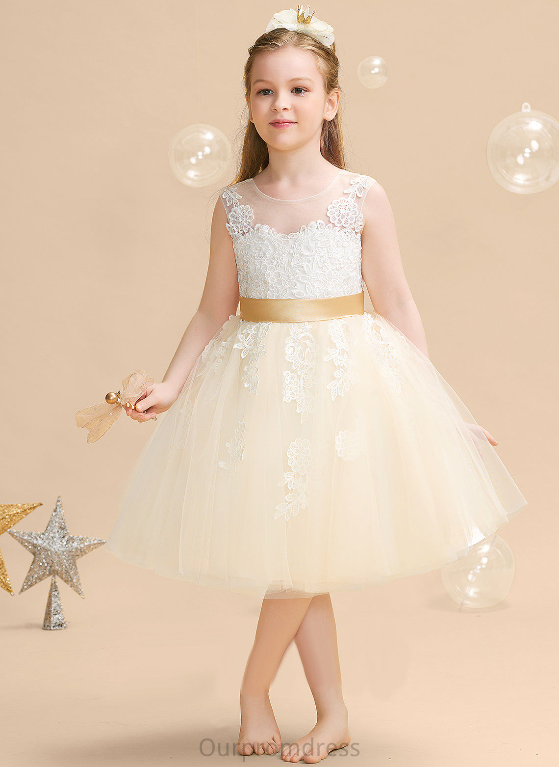 Flower Girl Dresses Charlee Knee-length Scoop Girl Satin/Tulle/Lace Sleeveless A-Line Appliques/V - Neck With Dress Back Flower