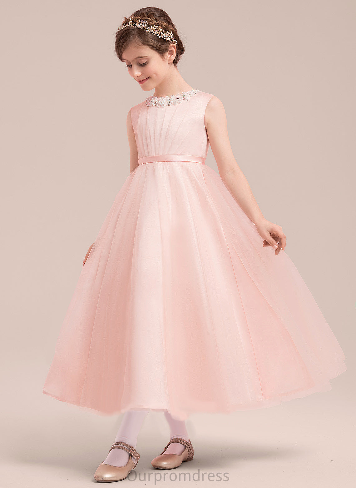 Flower Girl Dresses Sleeveless A-Line/Princess Paige Scoop Flower Dress Girl With Satin/Tulle Ankle-length - Beading/Bow(s) Neck