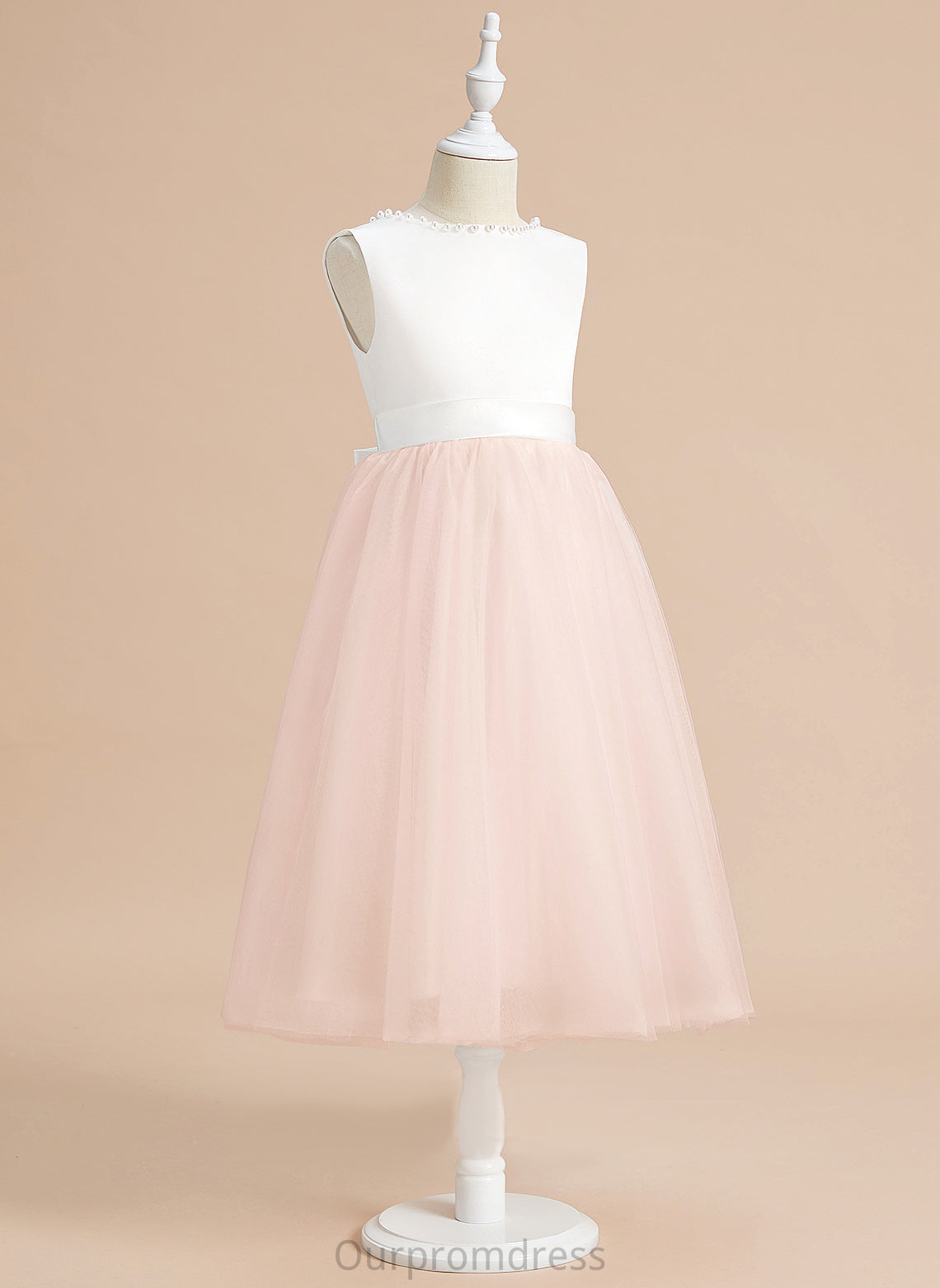 Beading/Bow(s) Neck Scoop Dress Satin/Tulle Abby Girl Flower Girl Dresses Sleeveless Tea-length A-Line - With Flower