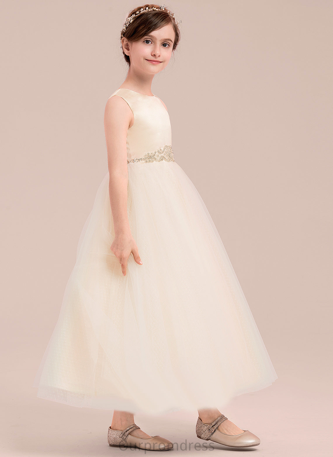 Flower Girl A-Line Flower Girl Dresses Satin/Tulle Cristal - Beading Neck With Dress Sleeveless Scoop Ankle-length