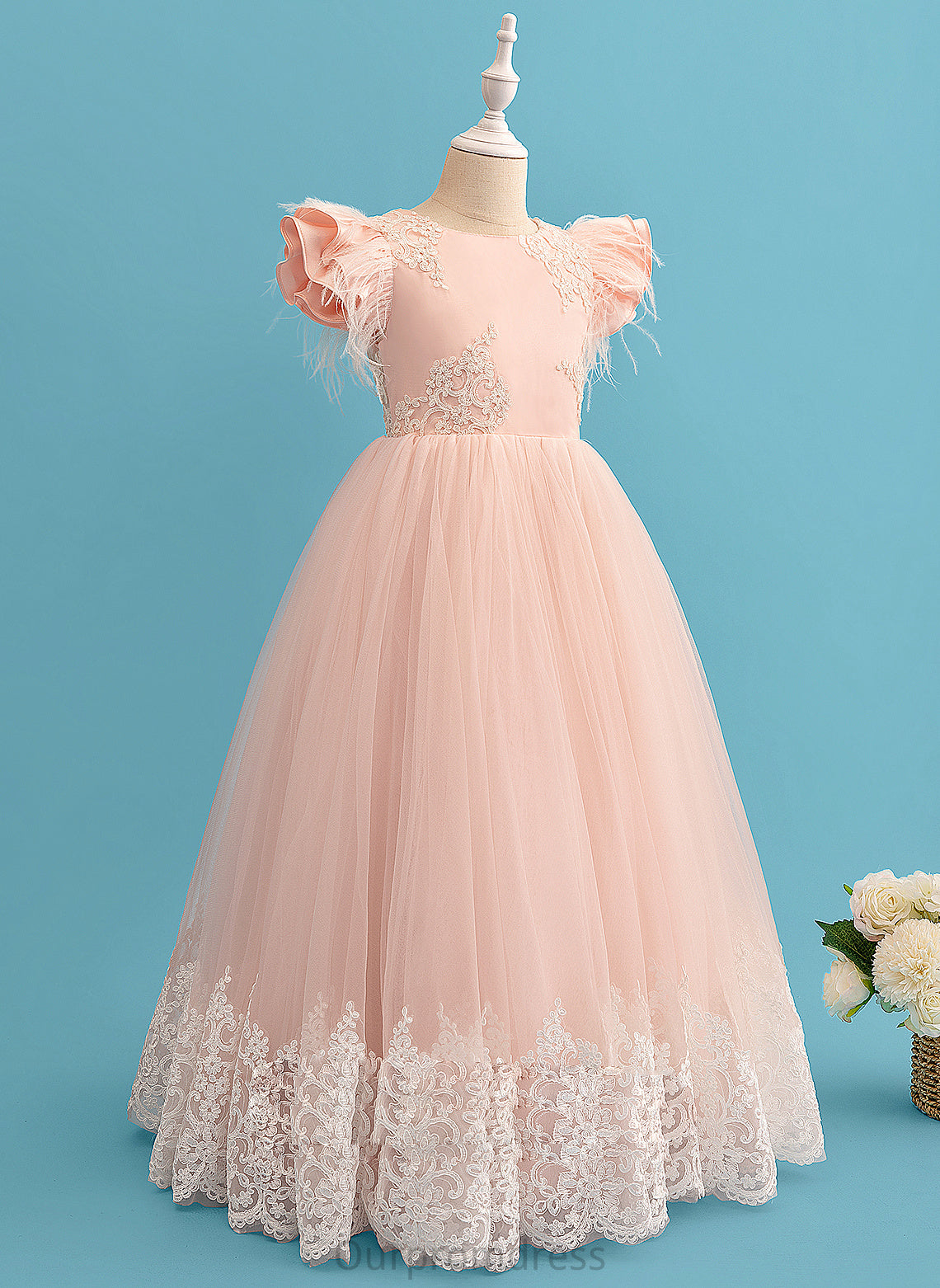 With Lace Ruffles/Feather/Bow(s) Flower Girl Dresses - Girl Short Ball-Gown/Princess Flower Neck Reyna Dress Sleeves Scoop Floor-length