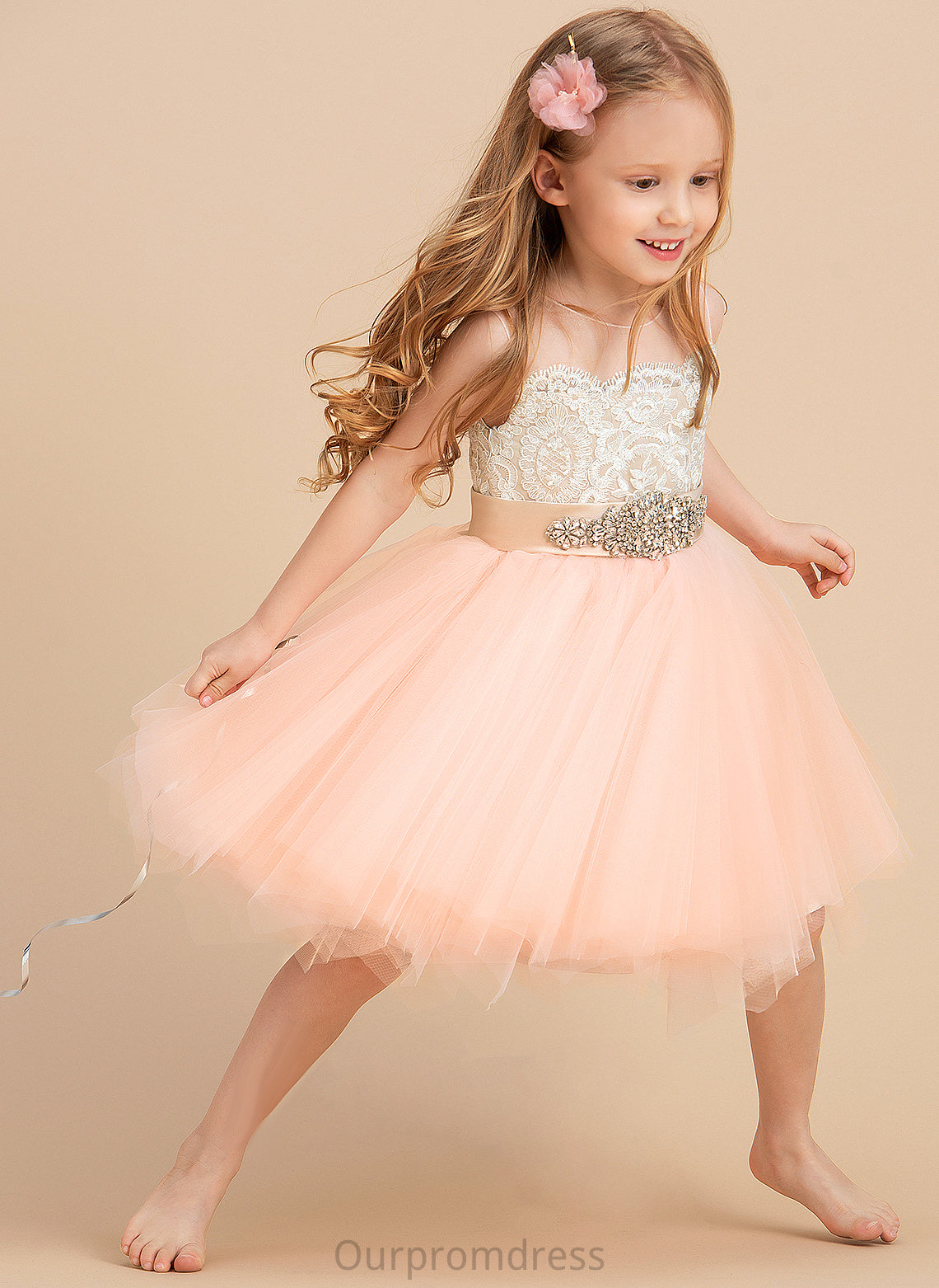 Scoop With Flower Flower Girl Dresses A-Line Beading Girl Satin/Tulle/Lace Dress Knee-length Neck (Undetachable Molly sash) - Sleeveless