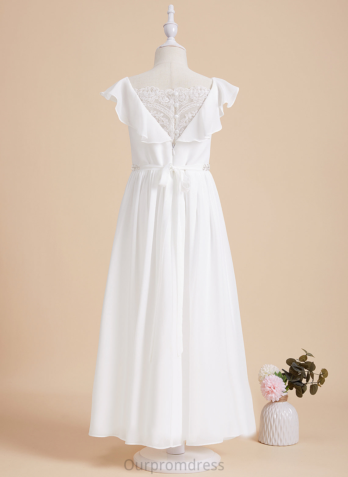 Beading Jaylah Dress Girl Sleeves A-Line Neck With Short Chiffon/Lace Scoop Flower Ankle-length - Flower Girl Dresses