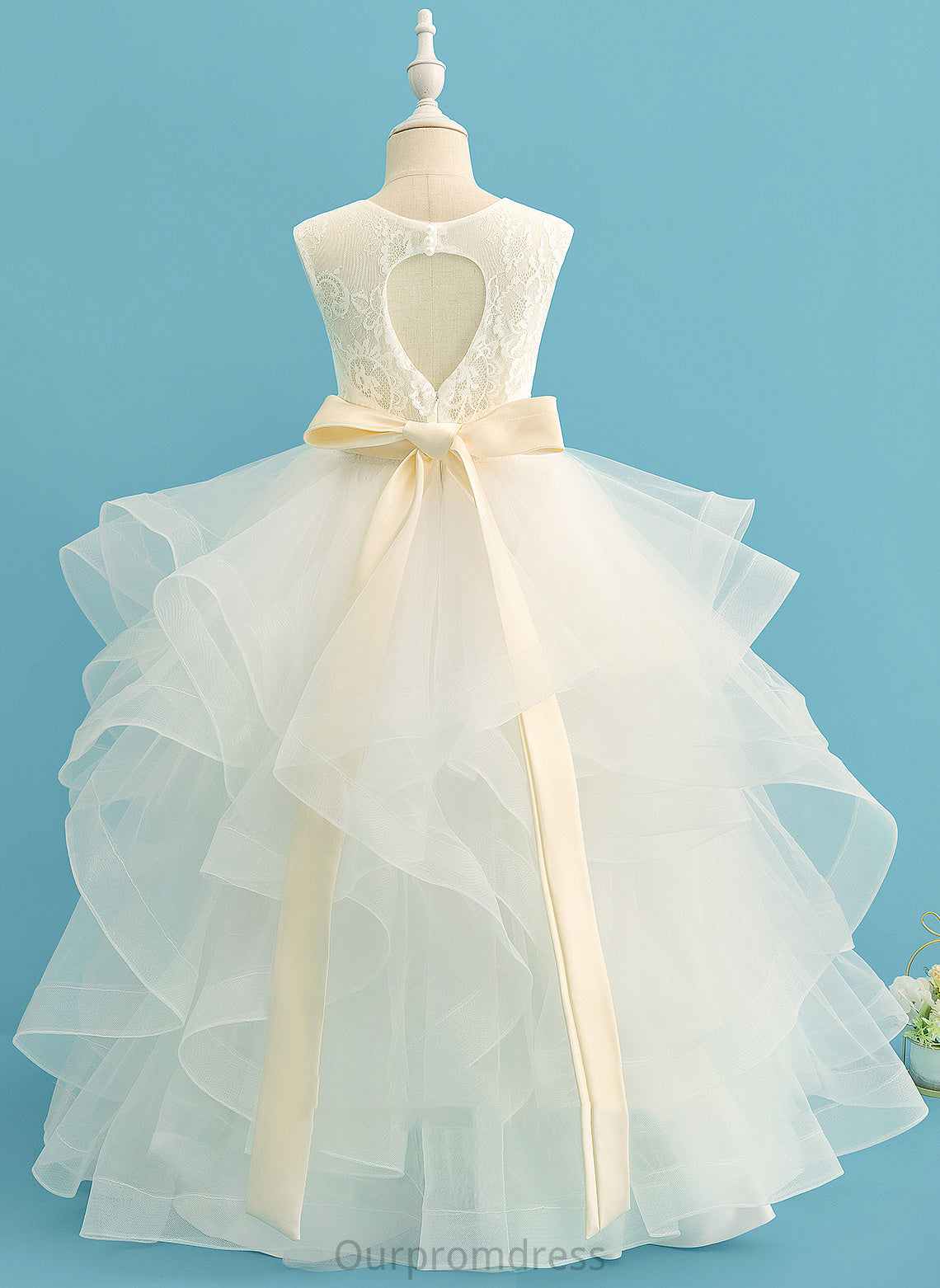 (Detachable sash) Flower With Ball-Gown/Princess Flower Girl Dresses Girl Bow(s) Satin/Tulle/Lace Neck Floor-length Dress - Armani Scoop Sleeveless