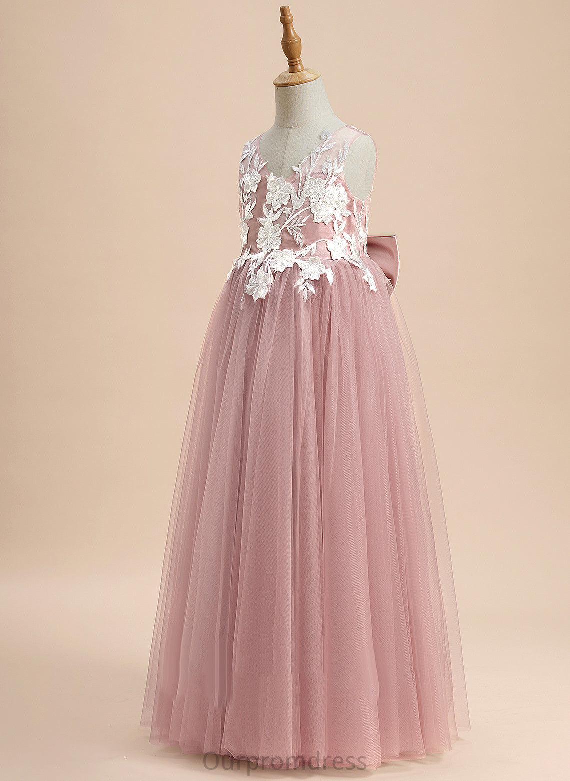 Lace/Bow(s) With Sleeveless Floor-length Tanya V-neck Flower Girl Dresses A-Line - Tulle Flower Dress Girl