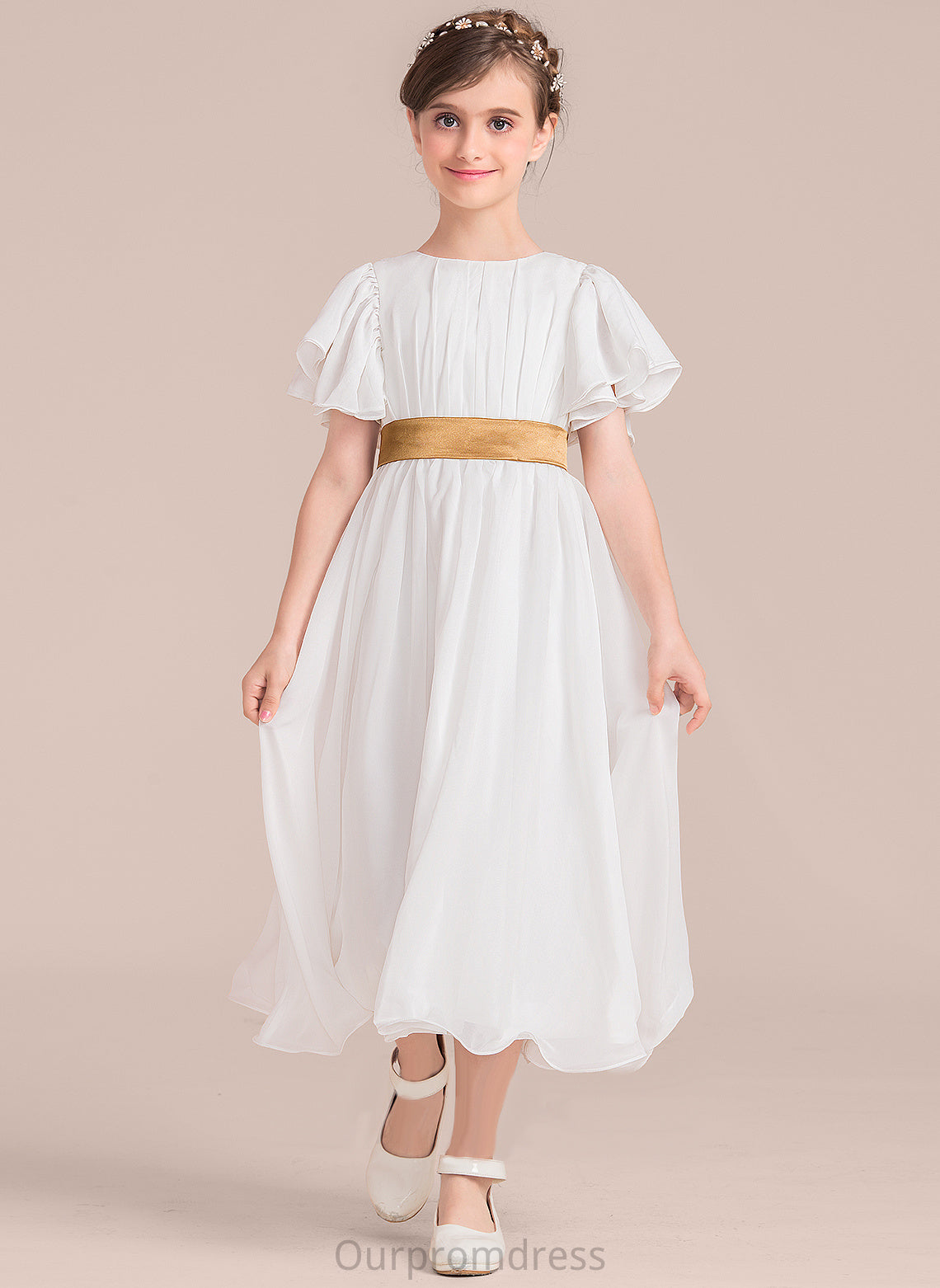 Neck Flower Tea-length - Dress Ariella Girl Short Sash With Flower Girl Dresses Chiffon/Charmeuse Sleeves A-Line Scoop