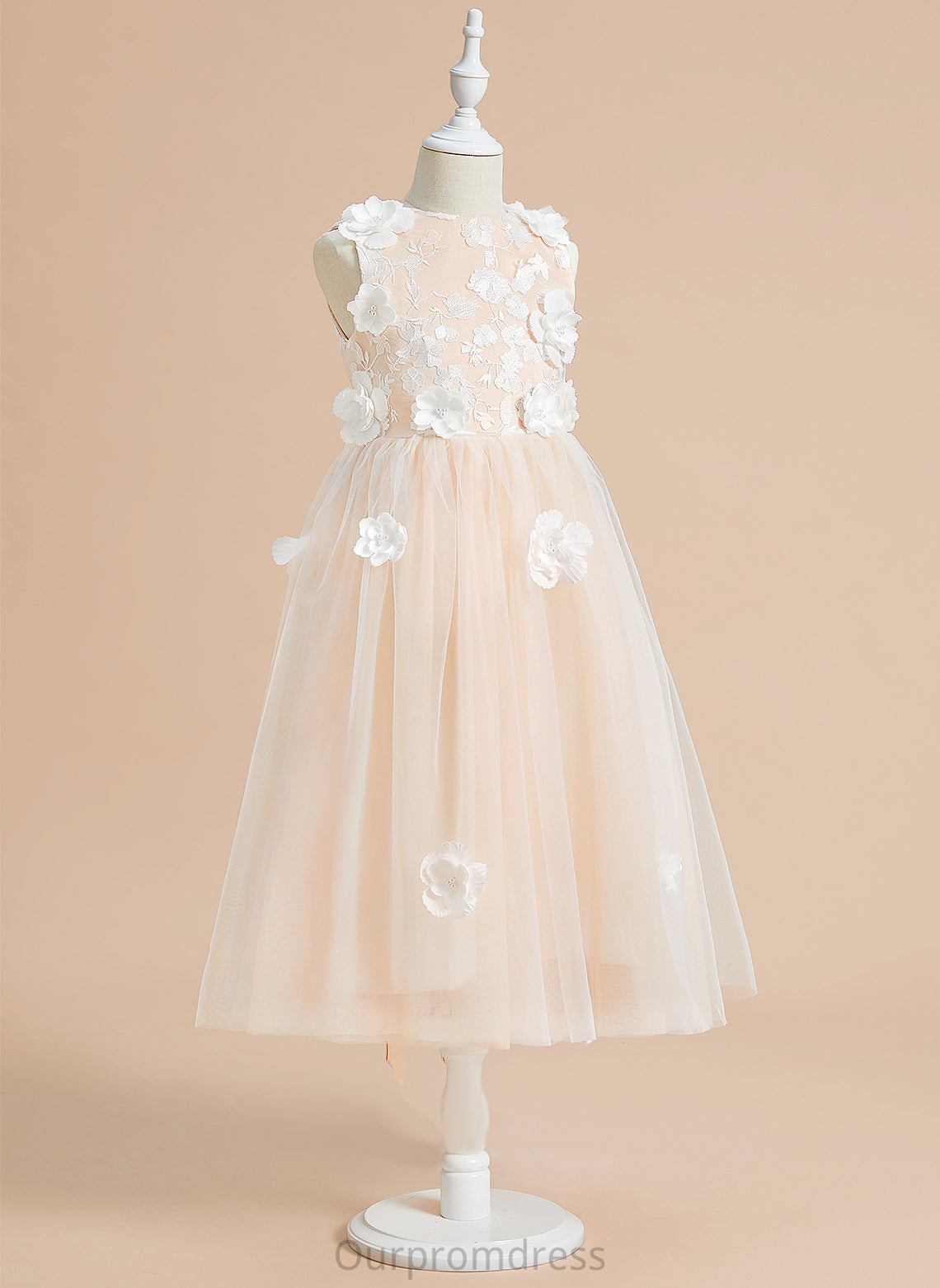 Aurora Tulle With Scoop Flower - Neck Tea-length Girl Sleeveless A-Line Flower Girl Dresses Flower(s)/Bow(s) Dress