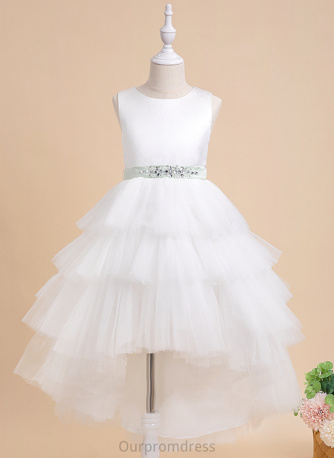 Dress Neck Flower Sash/Beading Girl Tulle Sleeveless Scoop Asymmetrical Ball-Gown/Princess (Detachable With Stephanie Flower Girl Dresses sash) -