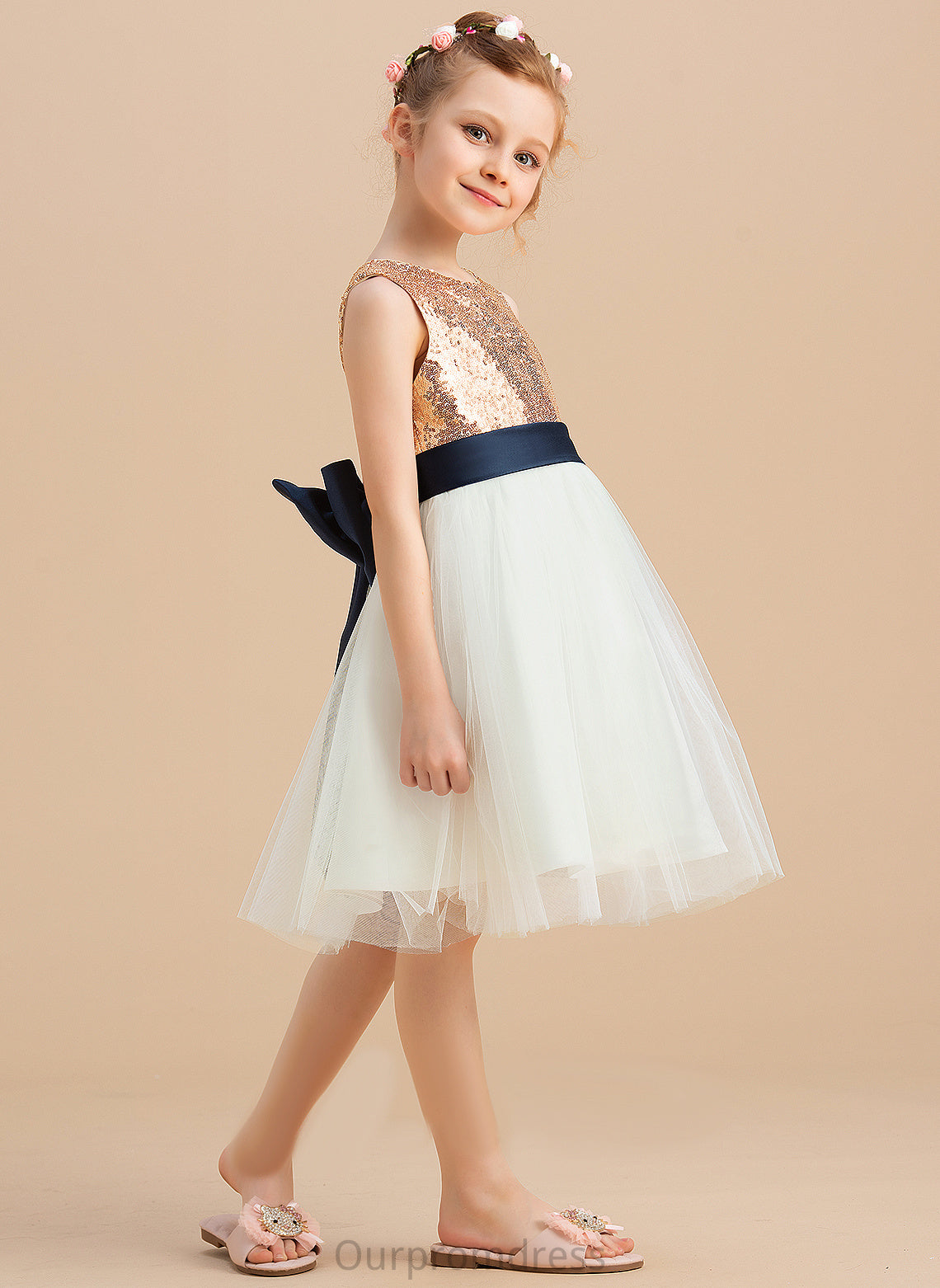 Flower Girl Dresses - Flower (Undetachable Sequins/Bow(s) sash) Scoop With Sleeveless Carolina A-Line Neck Girl Knee-length Dress Satin/Tulle/Sequined