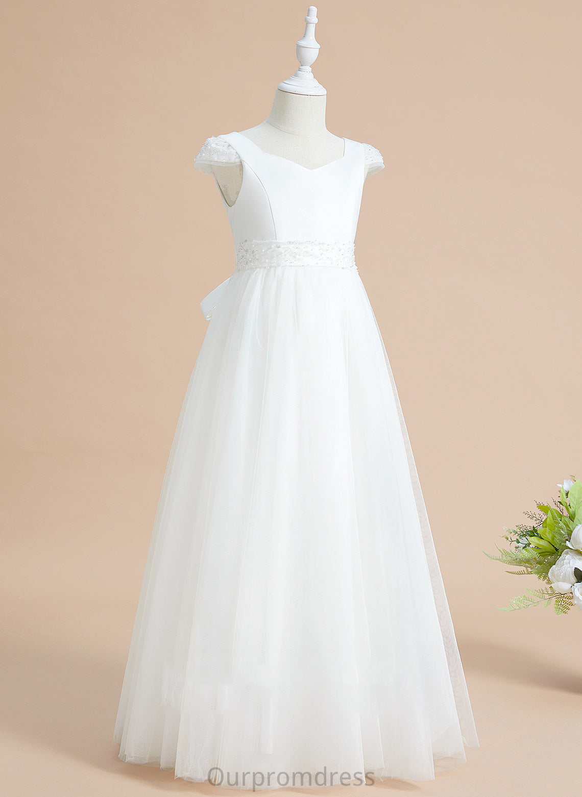 With V-neck Floor-length Ball-Gown/Princess Flower Girl Dresses Short Sleeves Alana Girl Flower Beading/Bow(s) Dress - Satin/Tulle