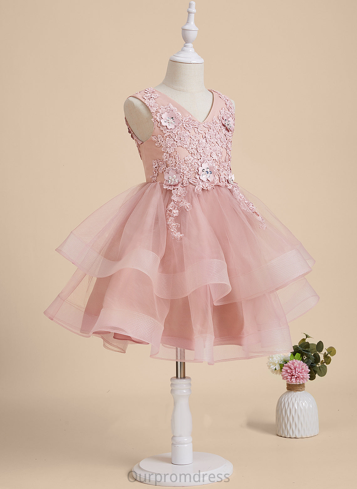 Flower - V-neck Beading/Flower(s)/Sequins With Sleeveless Girl Knee-length A-Line Flower Girl Dresses Dress Tulle/Lace Gertie