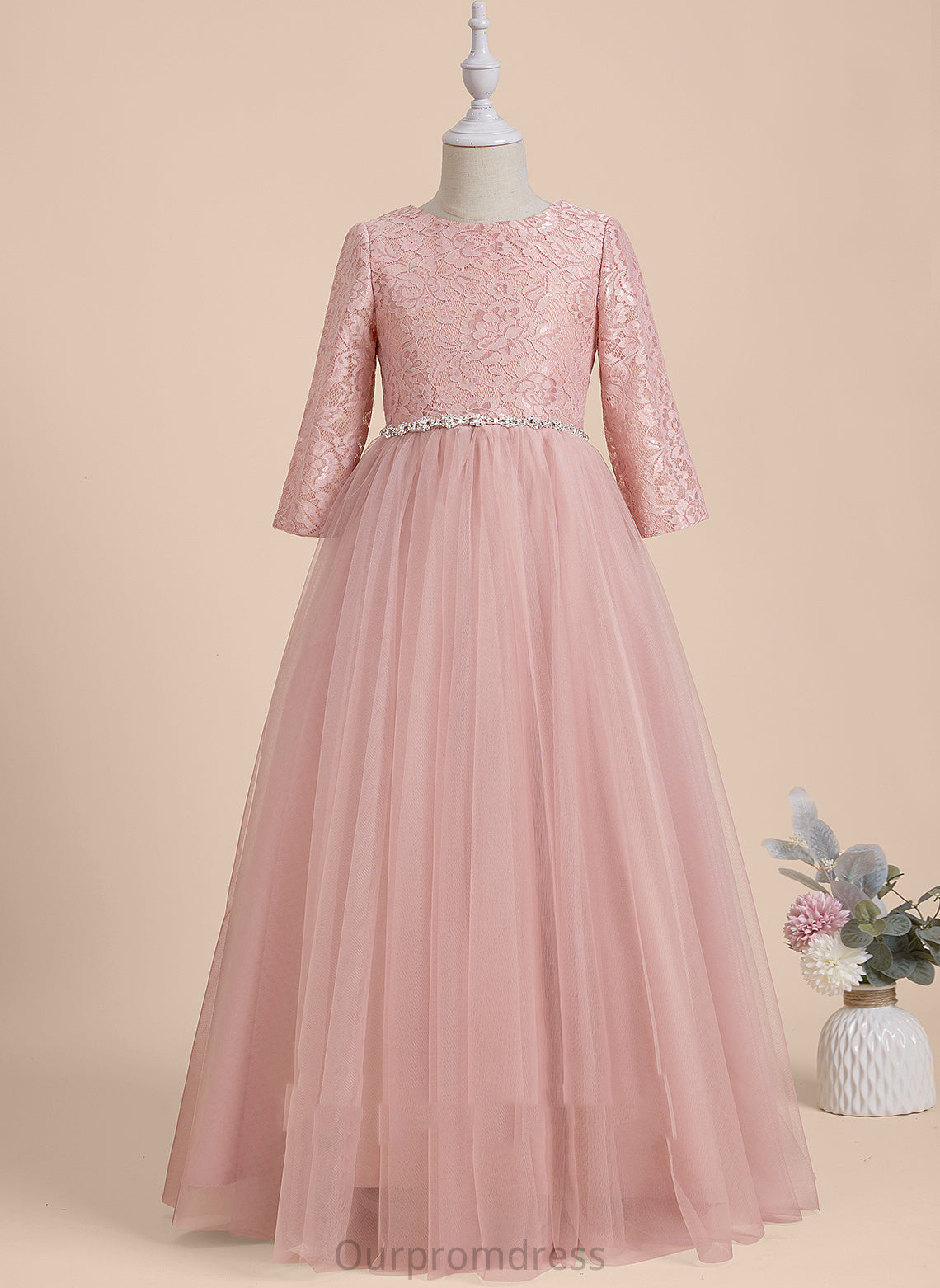 Back Flower Scoop Long Tulle Dress Girl Neck A-Line Floor-length Flower Girl Dresses With Aaliyah - Beading/V Sleeves