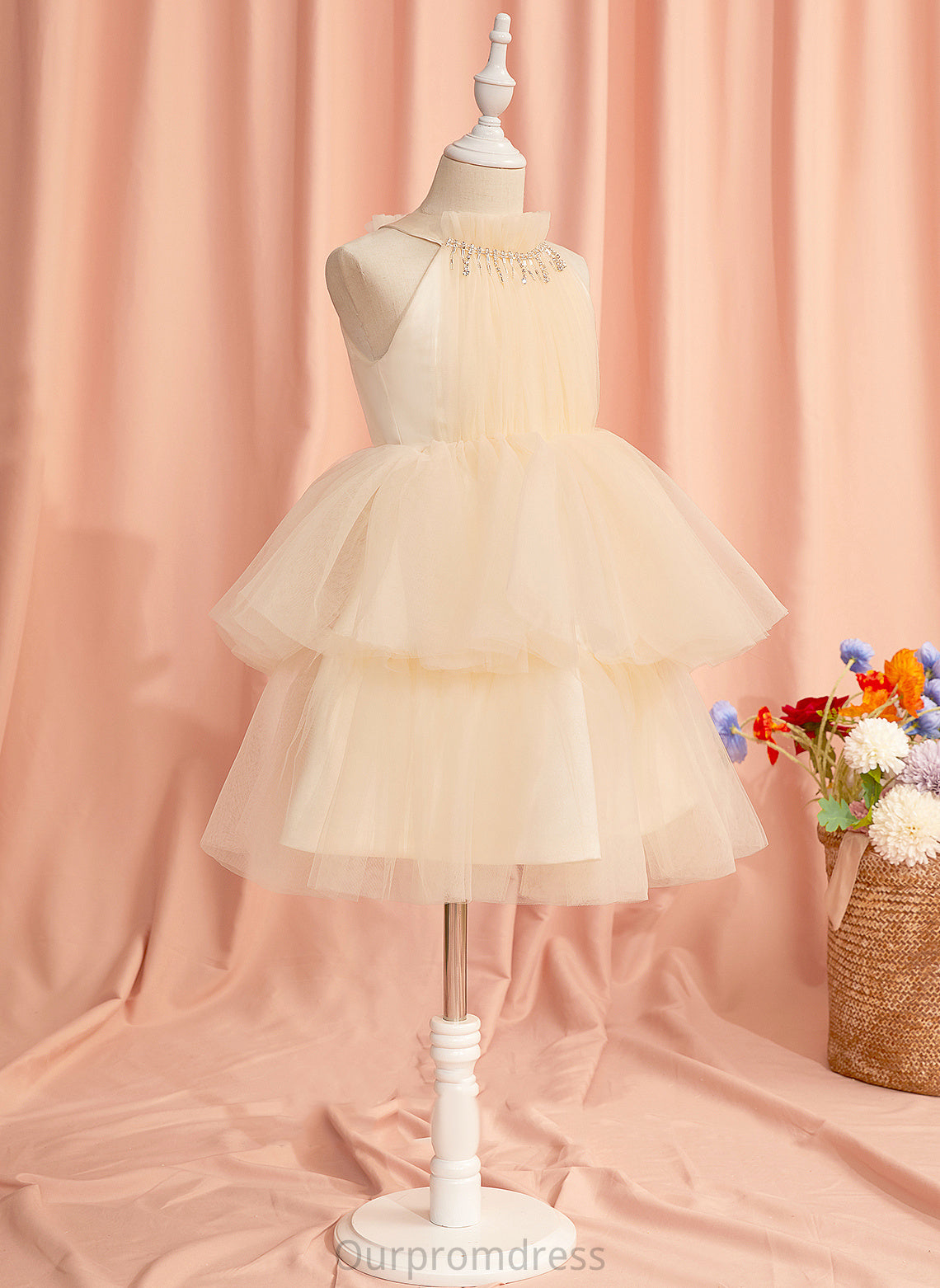 Flower Girl Dresses Mira Knee-length Flower High Sleeveless With Ball-Gown/Princess Tulle Neck Dress Girl - Rhinestone