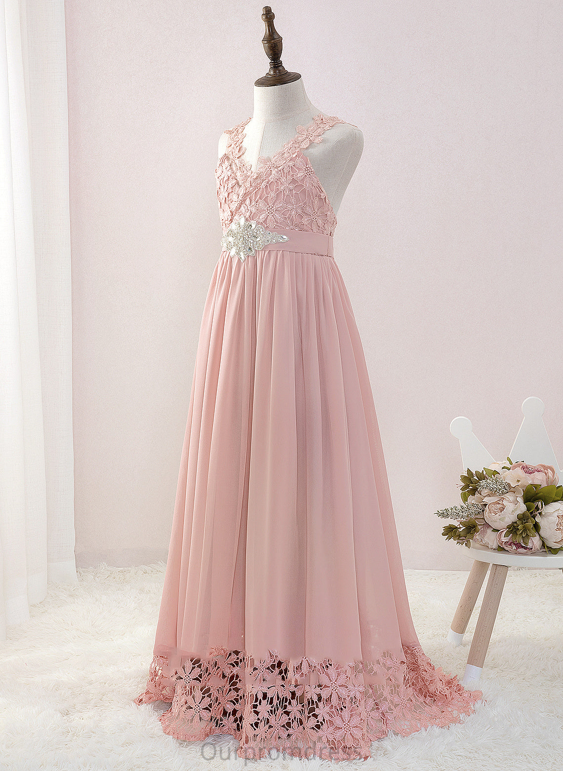 Sleeveless V-neck Beading Dress With Floor-length Jess Chiffon/Lace Flower A-Line Flower Girl Dresses - Girl