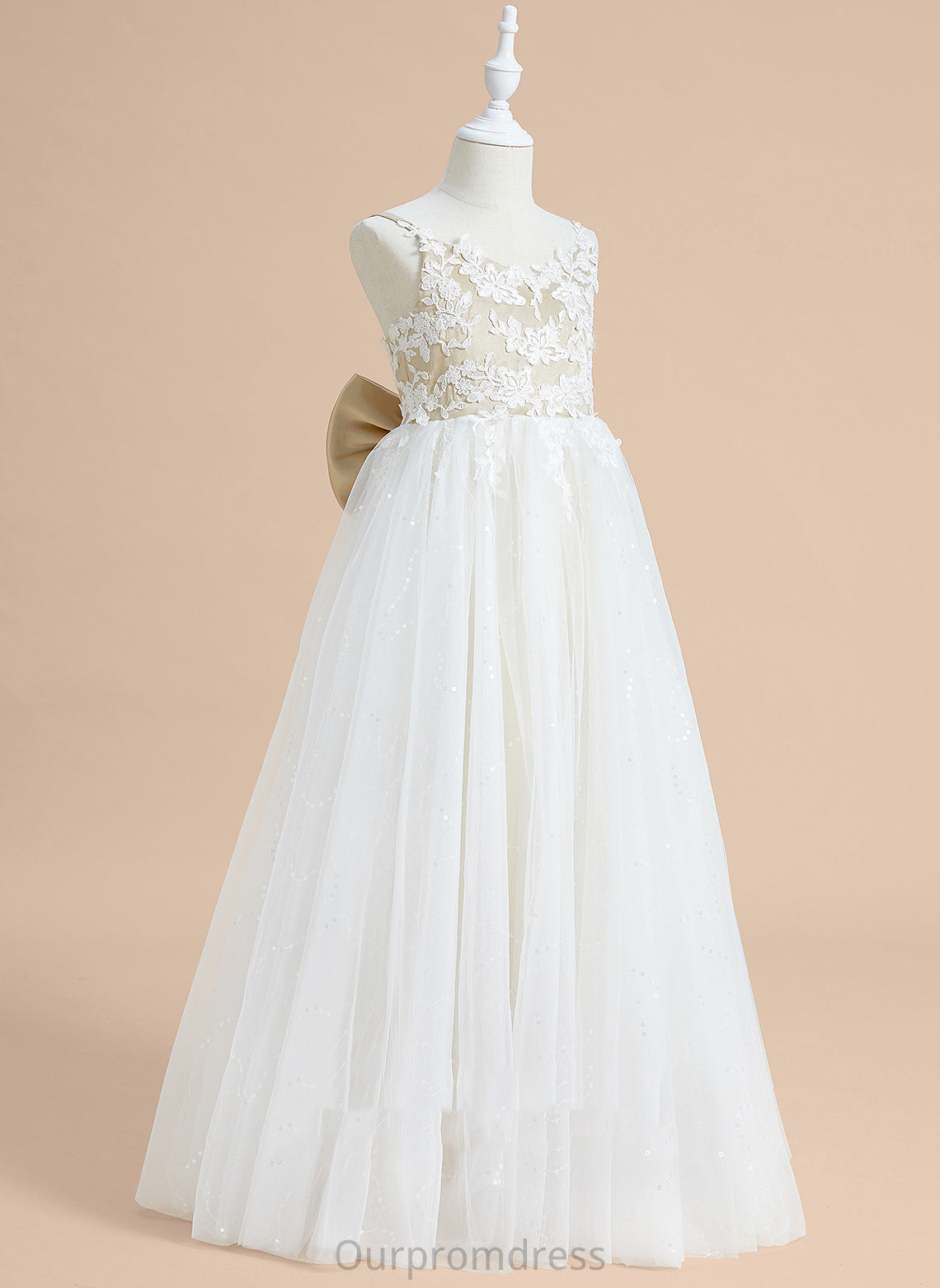 Ball-Gown/Princess Sleeveless Dress Flower Floor-length With Lace/Bow(s) - Maci Satin/Tulle Girl V-neck Flower Girl Dresses