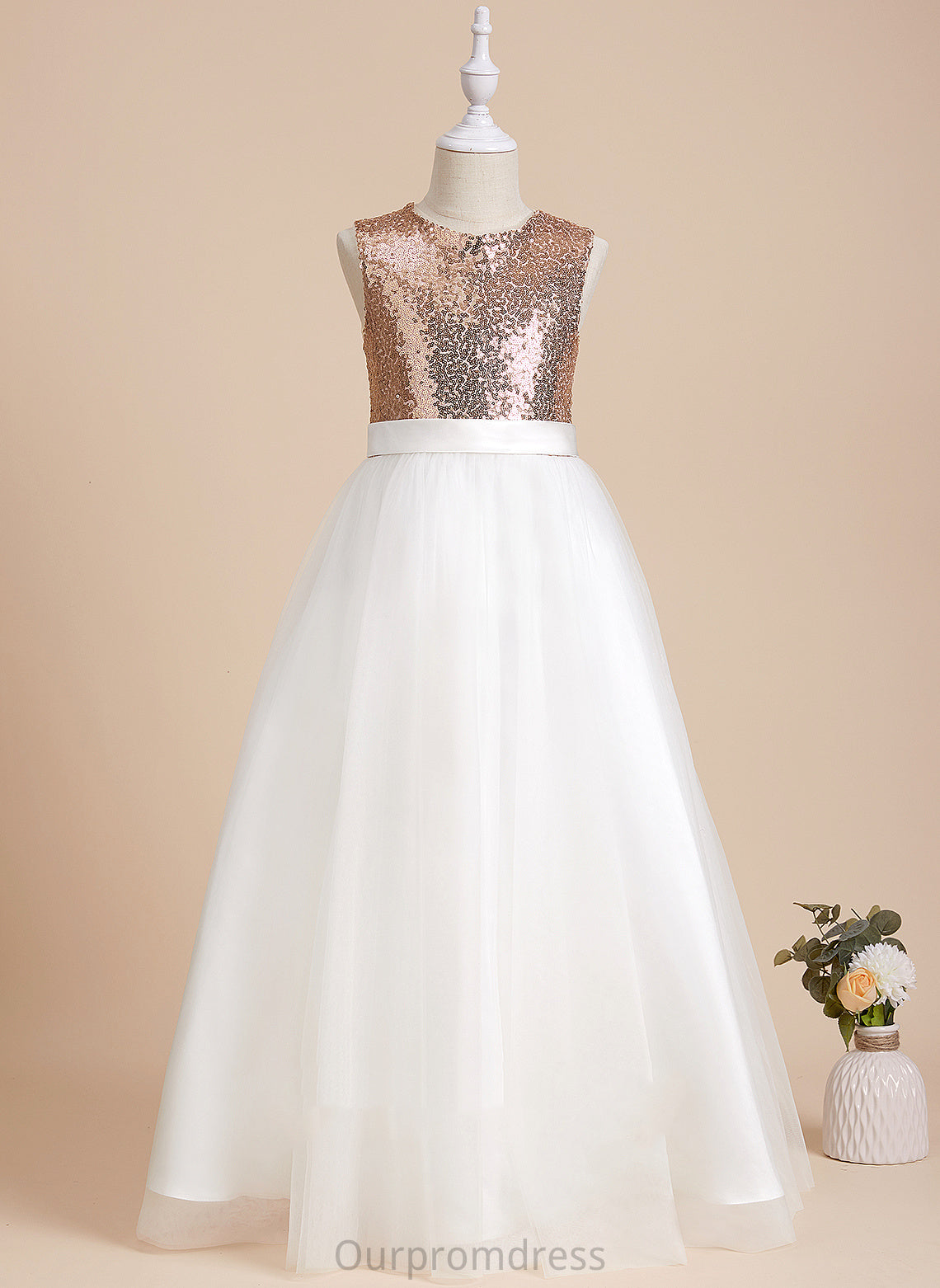 Flower Girl Dresses Scoop A-Line Dress Sleeveless With Neck Flower Back Morgan Floor-length - Sequins/Bow(s)/V Satin/Tulle/Sequined Girl