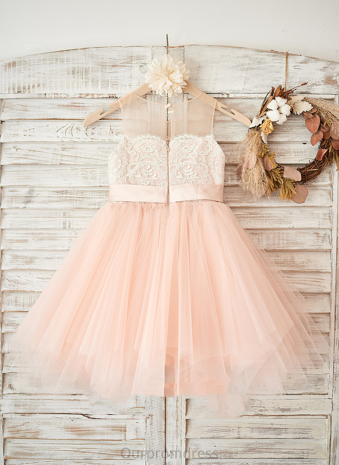 Scoop With Flower Flower Girl Dresses A-Line Beading Girl Satin/Tulle/Lace Dress Knee-length Neck (Undetachable Molly sash) - Sleeveless