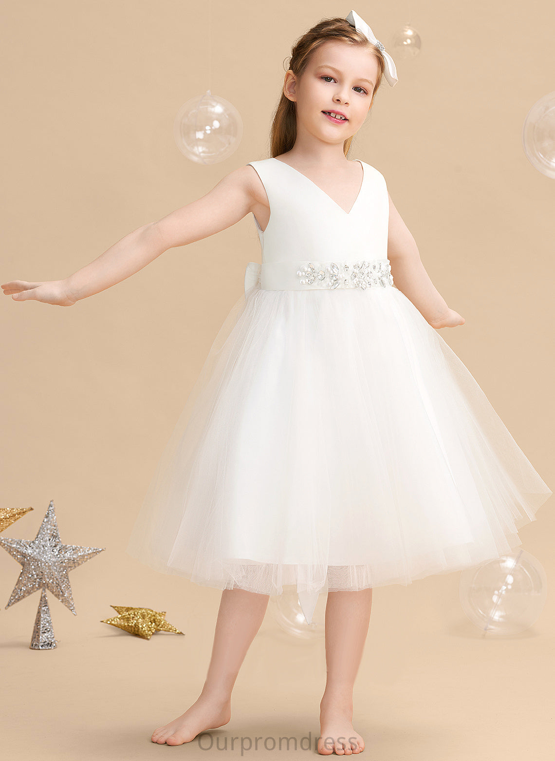 V-neck Flower A-Line Bow(s) Girl Dress Flower Girl Dresses Knee-length With - Satin/Tulle Violet Sleeveless